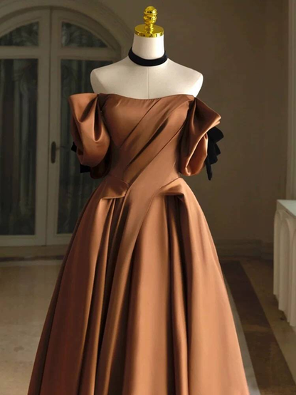 Unique Ball Gown Off The Shoulder Brown Satin Prom Dresses Party Dress 20th Birthday Outfits Graduation Dress AU439