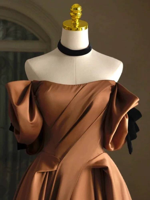 Unique Ball Gown Off The Shoulder Brown Satin Prom Dresses Party Dress 20th Birthday Outfits Graduation Dress AU439