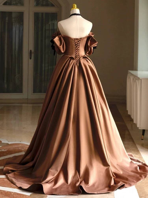 Unique Ball Gown Off The Shoulder Brown Satin Prom Dresses Party Dress – RubyFashionDress