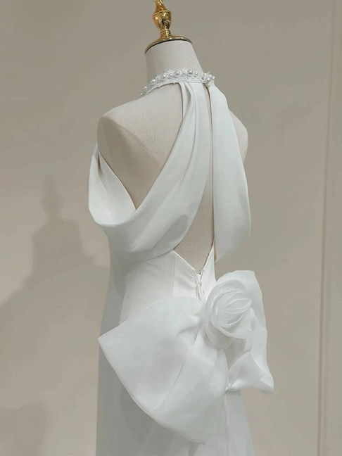 Vintage Mermaid Halter Neck Satin White Wedding Gown Long Fairytale Bride Gown Wedding Dresses AU440