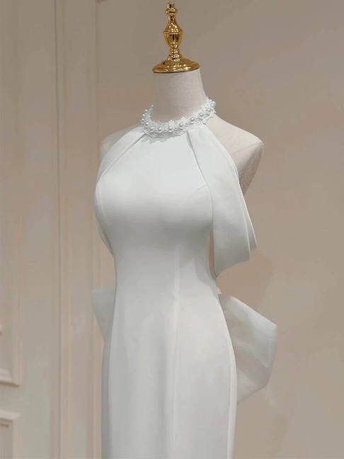 Vintage Mermaid Halter Neck Satin White Wedding Gown Long Fairytale Bride Gown Wedding Dresses AU440