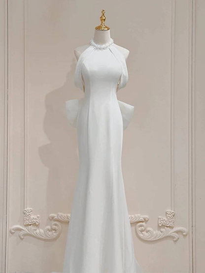 Vintage Mermaid Halter Neck Satin White Wedding Gown Long Fairytale Bride Gown Wedding Dresses AU440