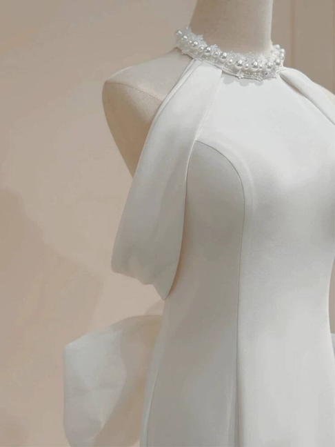 Vintage Mermaid Halter Neck Satin White Wedding Gown Long Fairytale Bride Gown Wedding Dresses AU440