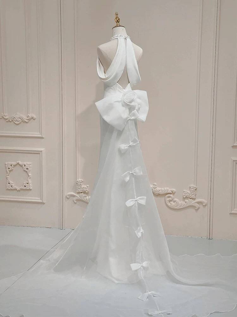 Vintage Mermaid Halter Neck Satin White Wedding Gown Long Fairytale Bride Gown Wedding Dresses AU440