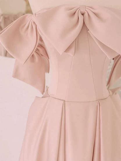 Simple A line Off The Shoulder Blush Pink Satin Prom Dresses Party Dress 18th Birthday Outfits Graduation Dress AU441