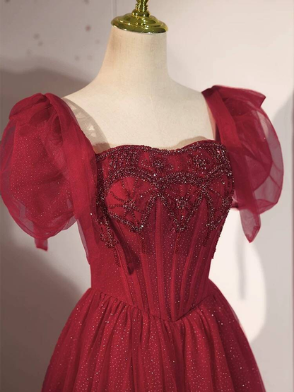 Modest Ball Gown Square Neck Tulle Burgundy Prom Dresses Inspiration Prom Dress Princess Graduation Dress AU443