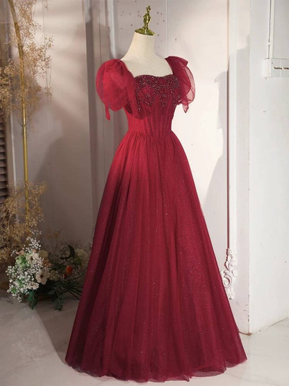 Modest Ball Gown Square Neck Tulle Burgundy Prom Dresses Inspiration Prom Dress Princess Graduation Dress AU443