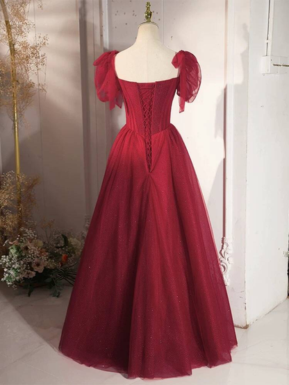 Modest Ball Gown Square Neck Tulle Burgundy Prom Dresses Inspiration Prom Dress Princess Graduation Dress AU443