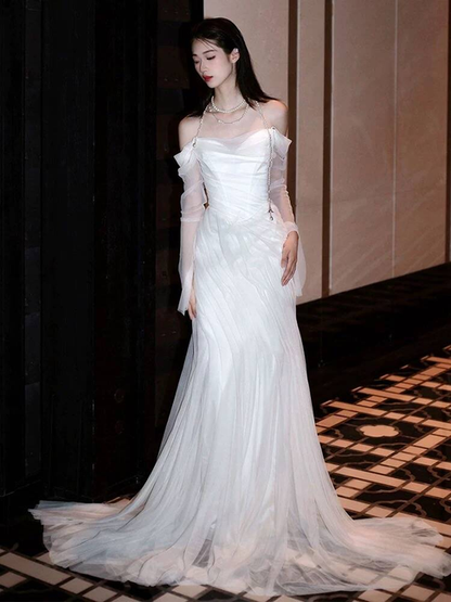 Vintage Mermaid Off The Shoulder Tulle White Wedding Gown Long Fairytale Bride Gown Wedding Dresses AU448