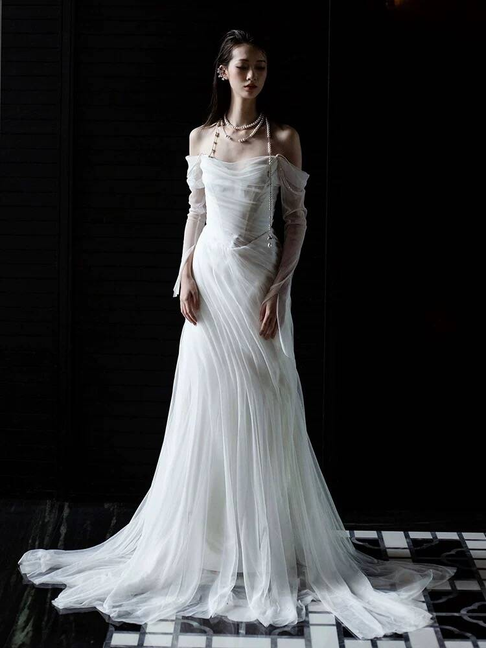 Vintage Mermaid Off The Shoulder Tulle White Wedding Gown Long Fairytale Bride Gown Wedding Dresses AU448