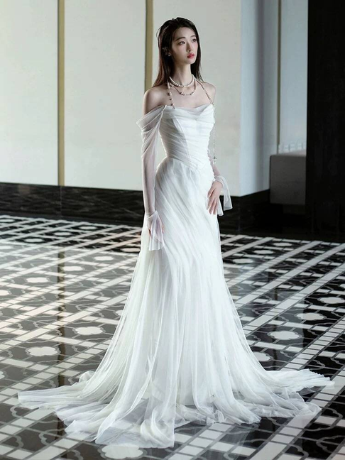 Vintage Mermaid Off The Shoulder Tulle White Wedding Gown Long Fairytale Bride Gown Wedding Dresses AU448