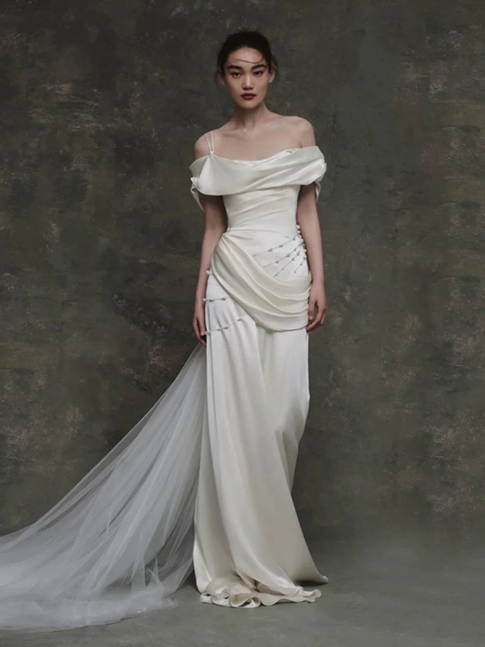 Vintage Mermaid Off The Shoulder Satin White Wedding Gown Long Fairytale Bride Gown Wedding Dresses AU451