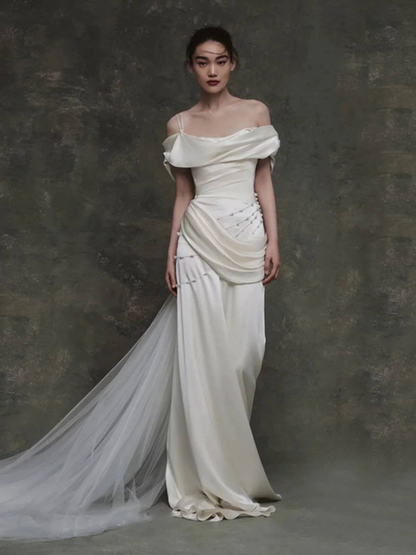 Vintage Mermaid Off The Shoulder Satin White Wedding Gown Long Fairytale Bride Gown Wedding Dresses AU451