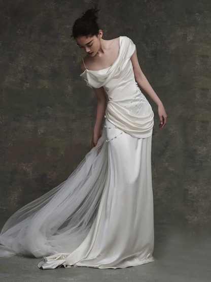 Vintage Mermaid Off The Shoulder Satin White Wedding Gown Long Fairytale Bride Gown Wedding Dresses AU451