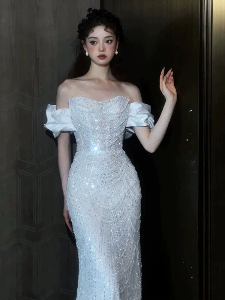 Modest Mermaid Off The Shoulder White Sequins Wedding Dress Styles Long Fairytale Wedding Dresses Ideas AU453