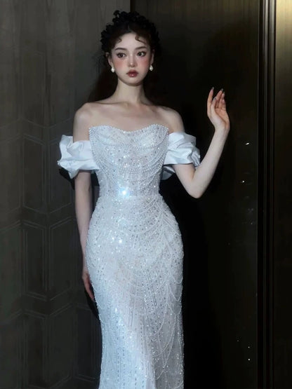 Modest Mermaid Off The Shoulder White Sequins Wedding Dress Styles Long Fairytale Wedding Dresses Ideas AU453