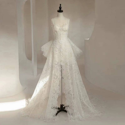 Romantic Sheath Spaghetti Straps Lace White Wedding Gown Fairytale Bride Gown Wedding Dresses AU453