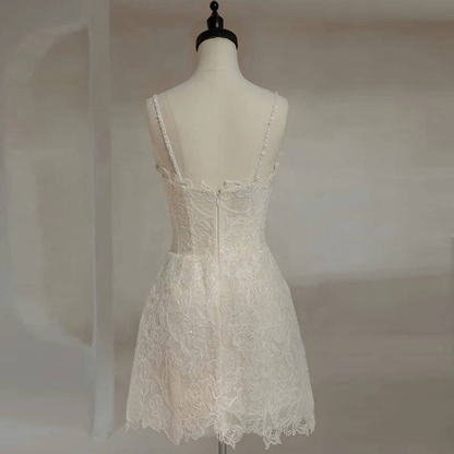 Romantic Sheath Spaghetti Straps Lace White Wedding Gown Fairytale Bride Gown Wedding Dresses AU453