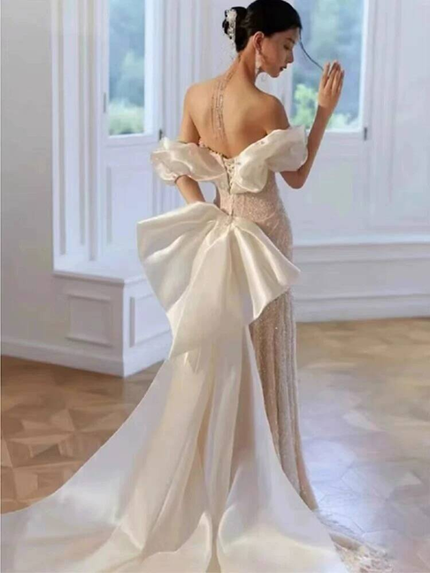 Modest Mermaid Off The Shoulder White Sequins Wedding Dress Styles Long Fairytale Wedding Dresses Ideas AU453
