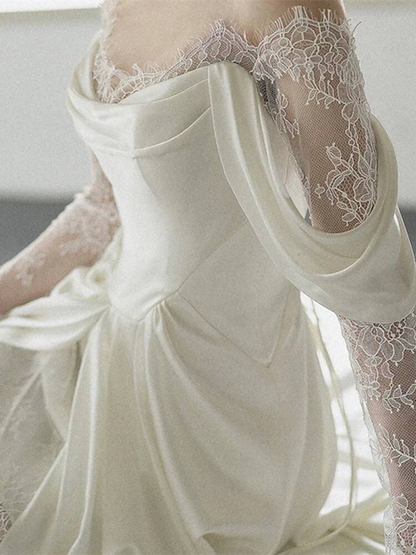 Modest Mermaid Off The Shoulder White Lace Wedding Dress Styles Long Fairytale Wedding Dresses Ideas AU456