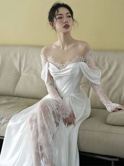 Modest Mermaid Off The Shoulder White Lace Wedding Dress Styles Long Fairytale Wedding Dresses Ideas AU456