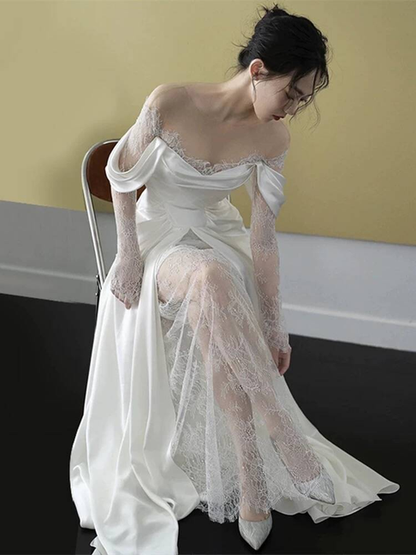Modest Mermaid Off The Shoulder White Lace Wedding Dress Styles Long Fairytale Wedding Dresses Ideas AU456