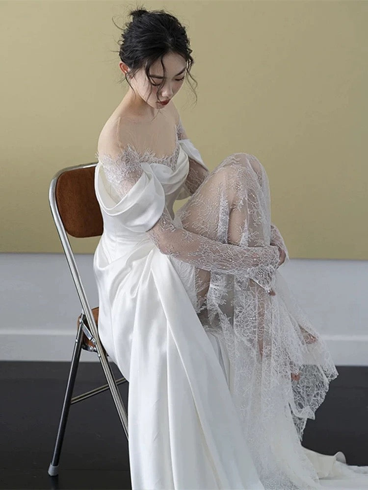Modest Mermaid Off The Shoulder White Lace Wedding Dress Styles Long Fairytale Wedding Dresses Ideas AU456