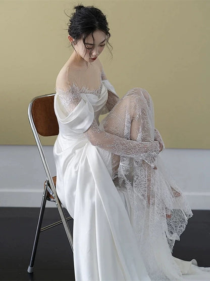 Modest Mermaid Off The Shoulder White Lace Wedding Dress Styles Long Fairytale Wedding Dresses Ideas AU456