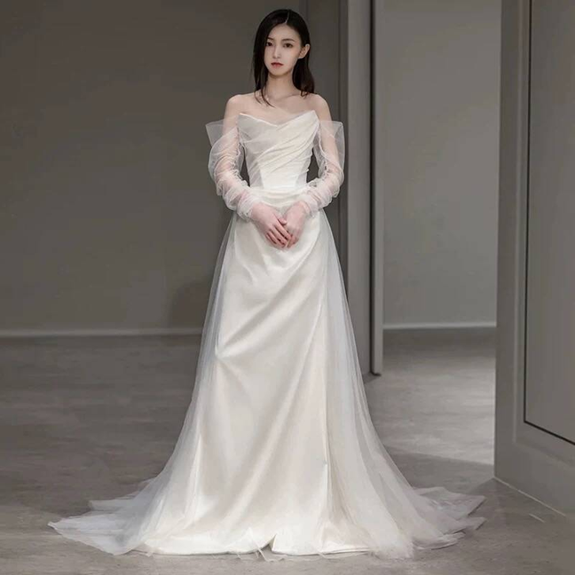 Vintage Mermaid Off The Shoulder Tulle White Wedding Gown Long Fairytale Brides Gown Wedding Dresses AU457
