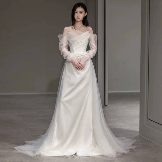 Vintage Mermaid Off The Shoulder Tulle White Wedding Gown Long Fairytale Brides Gown Wedding Dresses AU457
