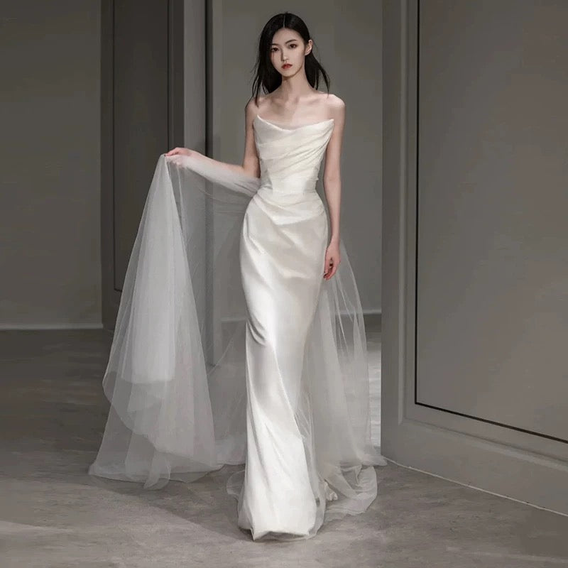 Vintage Mermaid Off The Shoulder Tulle White Wedding Gown Long Fairytale Brides Gown Wedding Dresses AU457