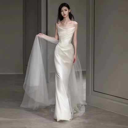 Vintage Mermaid Off The Shoulder Tulle White Wedding Gown Long Fairytale Brides Gown Wedding Dresses AU457
