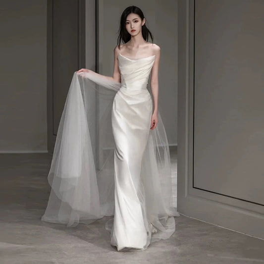 Vintage Mermaid Off The Shoulder Tulle White Wedding Gown Long Fairytale Brides Gown Wedding Dresses AU457
