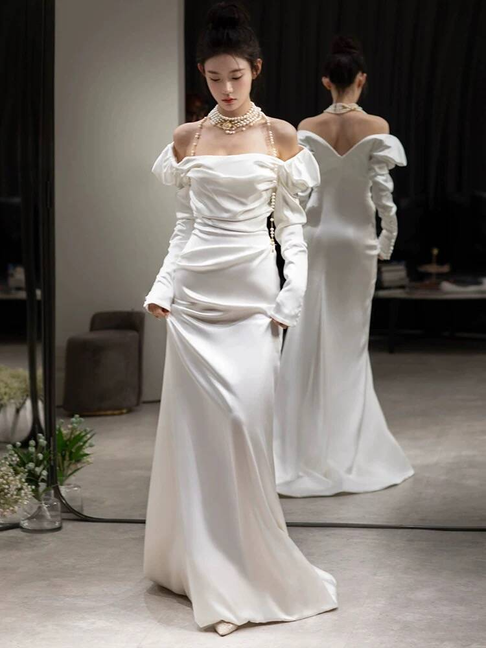 Modest Mermaid Off The Shoulder White Satin Wedding Dress Styles Long Fairytale Wedding Dresses Ideas AU460