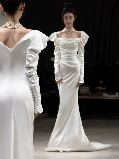 Modest Mermaid Off The Shoulder White Satin Wedding Dress Styles Long Fairytale Wedding Dresses Ideas AU460