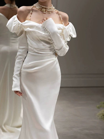 Modest Mermaid Off The Shoulder White Satin Wedding Dress Styles Long Fairytale Wedding Dresses Ideas AU460