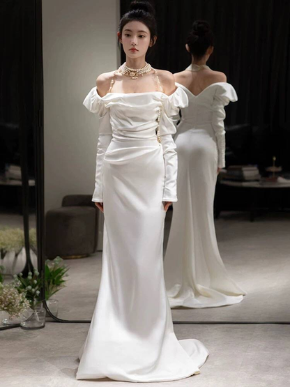 Modest Mermaid Off The Shoulder White Satin Wedding Dress Styles Long Fairytale Wedding Dresses Ideas AU460
