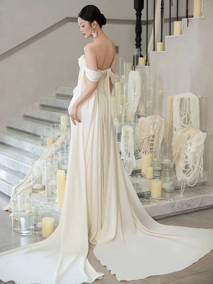 Modest Mermaid Off The Shoulder Ivory Satin Wedding Dress Styles Long Fairytale Wedding Dresses Ideas AU461