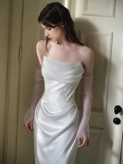 Romantic Sheath Strapless Satin White Wedding Gown Fairytale Bride Gown Wedding Dresses AU462