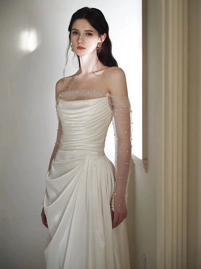 Simple Sheath Strapless Satin White Wedding Gown Fairytale Bride Gown Wedding Dresses AU463