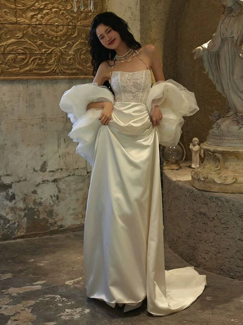 Elegant Sheath Strapless Satin White Lace Wedding Gown Fairytale Bride Gown Wedding Dresses AU464