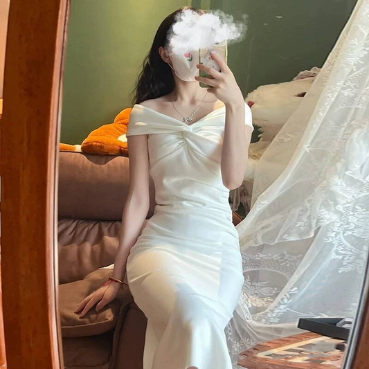 Simple Sheath Off The Shoulder White Satin Wedding Dress Fairytale Bride Gowns Wedding Gown AU466