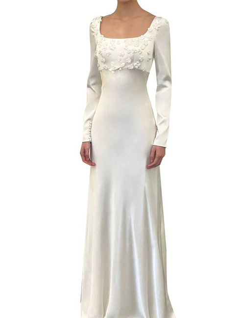 Vintage Sheath Square Neck White Satin Wedding Dress Bride Gown Fairytale Wedding Dresses AU467