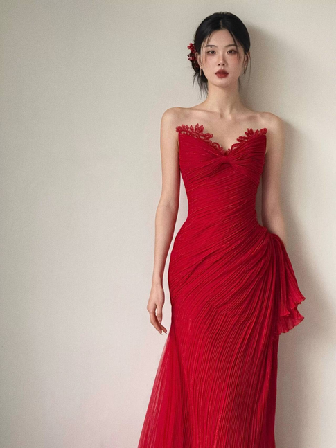 Cute Mermaid Sweetheart Red Tulle Prom Dresses Long Party Dress 23rd Birthday Outfits Graduation Dress AU473