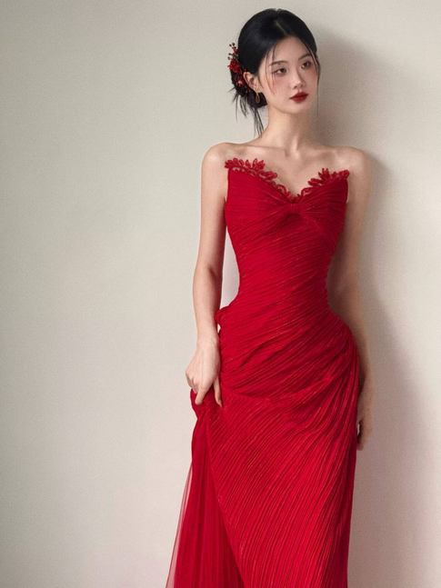 Cute Mermaid Sweetheart Red Tulle Prom Dresses Long Party Dress 23rd Birthday Outfits Graduation Dress AU473