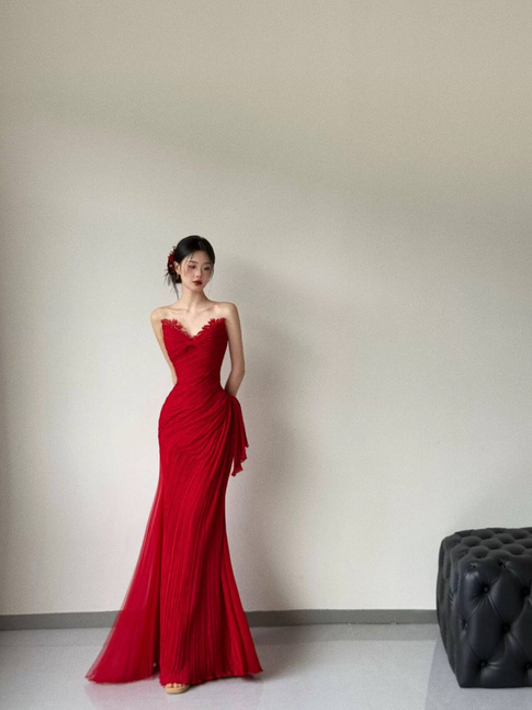 Cute Mermaid Sweetheart Red Tulle Prom Dresses Long Party Dress 23rd Birthday Outfits Graduation Dress AU473