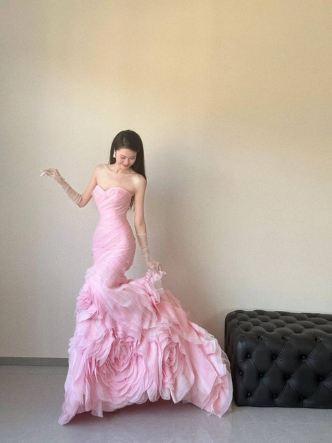 Cute Mermaid Sweetheart Pink Tulle Prom Dresses Long Party Dress 22th Birthday Outfits Graduation Dress AU474