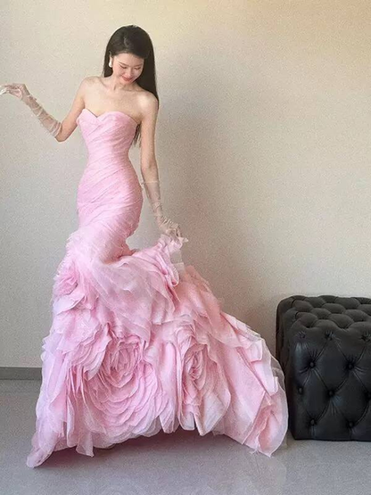 Cute Mermaid Sweetheart Pink Tulle Prom Dresses Long Party Dress 22th Birthday Outfits Graduation Dress AU474