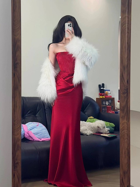 Sexy Mermaid Strapless Burgundy Satin Long Prom Dresses Inspiration Prom Dress Senior Graduation Dress AU475