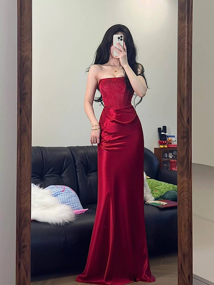 Sexy Mermaid Strapless Burgundy Satin Long Prom Dresses Inspiration Prom Dress Senior Graduation Dress AU475